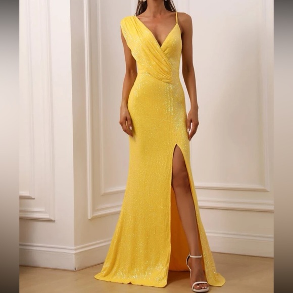 Luxe party bridesmaids prom slit thigh sequins gown  dress - Picture 14 of 16